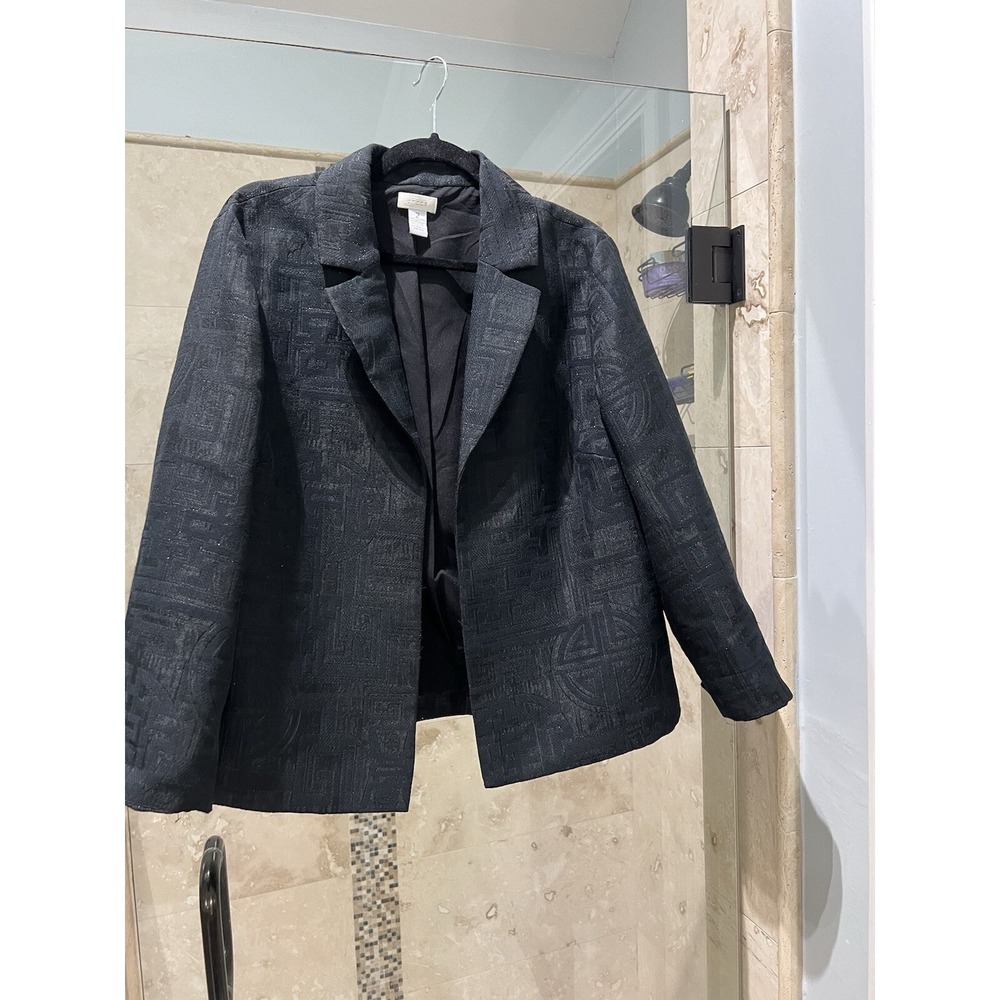 Chico's Blazer Jacket Womens 2 US 12 Black Metallic Greek Key Open Front